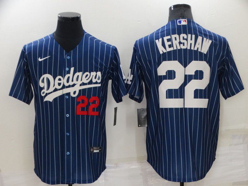 Men Los Angeles Dodgers #22 Kershaw Blue Stripe Throwback Nike 2022 MLB Jerseys